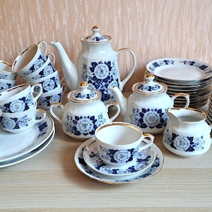 Porcelain cobalt Tea Coffee Set 12 person, Vintage Tea set thin fine Porcelain,Latvian Porcelain tea set big,RPR cobalt Vintage,Gift Tea set