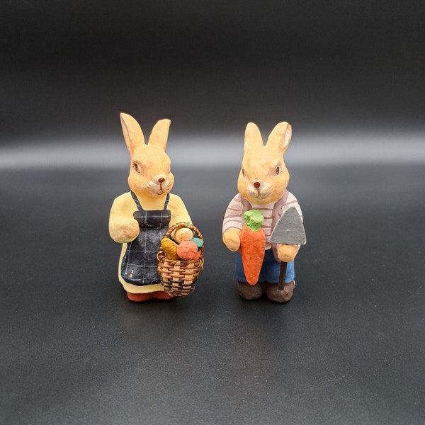 Papier Mache figurines hares, Vintage rabbits figurines, small hare sculptures set, rabbits papier-mache, painted sculptures decoration
