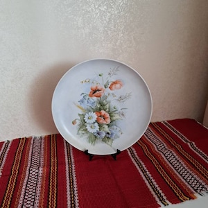 Porcelain Plate Flowers drawing, Collectible plate/ Handmade Vintage Porcelain,Wall hanging Plate, Poppy flowers ,bouquet of wild flowers