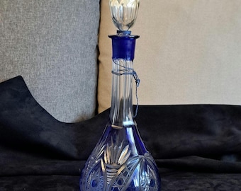 Crystal Carafe vintage, Blue-cobalt color Carafe, Old-Fashioned Glassware, retro Barware, Bohemian glass drinking, Crystal Glass Decanter