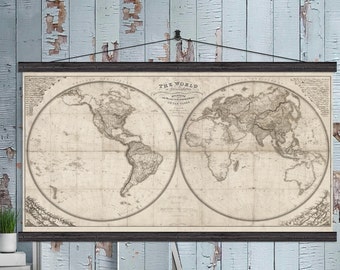 TV Cover.  Vintage World Map.  1825 World Map with Mountains and Rivers.  36x60 and 44x80 Hanging or as a Pull Down Map.