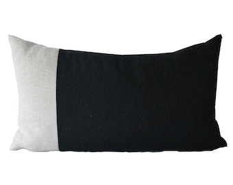 Black + Flax Linen Colorblock Pillow  |  12" x 20"  | Modern Farmhouse Pillow | Modern Minimal Pillow