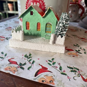 Vintage Christmas Green Mica Putz House , Cardboard Japan Putz Christmas House