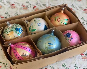 Set of 6 Vintage Christmas Glass Ornaments