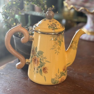 Vintage Mackenzie Childs Teapot with Lid, Mustard Yellow with Roses, Camp Mackenzie childs Teapot