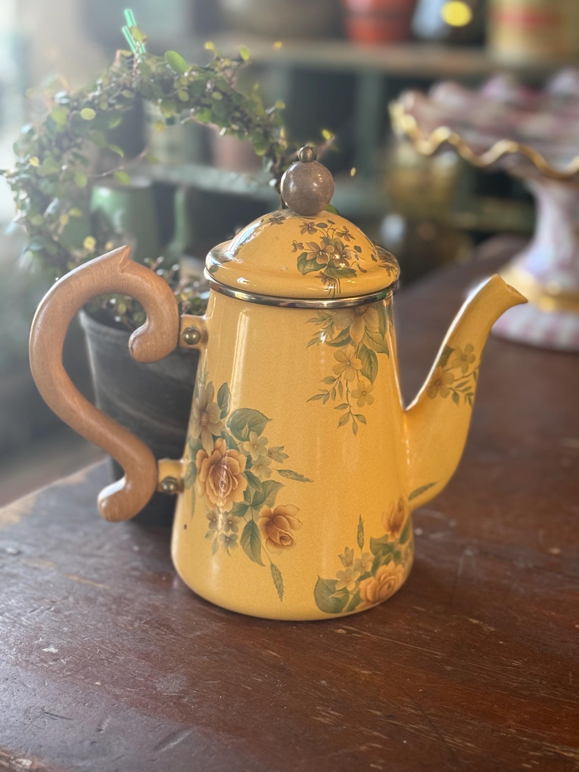 Vintage Mackenzie Childs Teapot with Lid, Mustard Yellow with Roses, Camp Mackenzie childs Teapot