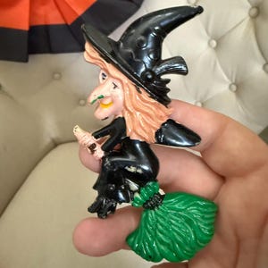 Vintage Plastic Halloween Cake Topper Decoration Flying Witch On Broom Hong Kong