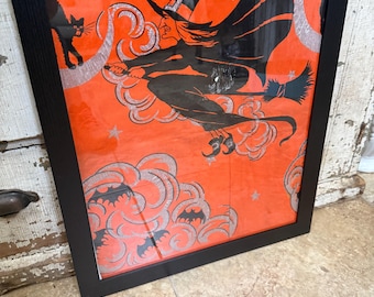 Antique Halloween Crepe Paper Panel Witch On Brook Framed