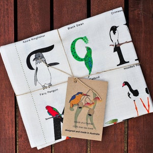 100% linen tea-towel inspired by Australian birds and Typography