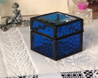 Cobalt Blue Stained Glass Ring Box Clear Beveled Top