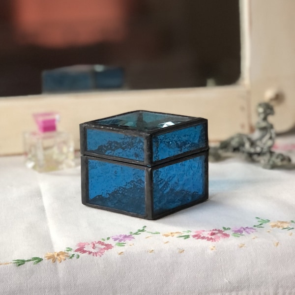 Medium Blue Stained Glass Ring Box Clear Beveled Top