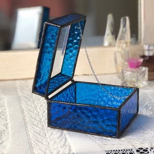 Cobalt Blue Stained Glass Jewelry Box Clear Beveled Top image 4