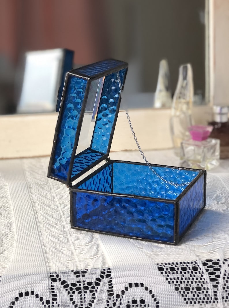 Cobalt Blue Stained Glass Jewelry Box Clear Beveled Top image 4