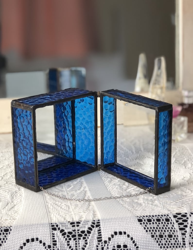 Cobalt Blue Stained Glass Jewelry Box Clear Beveled Top image 5