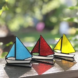 Set Of Three Small 3" Stained Glass Sailboats Nautical Decor Home Accents