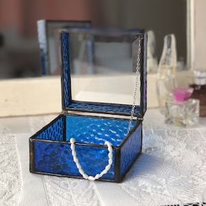 Cobalt Blue Stained Glass Jewelry Box Clear Beveled Top image 6