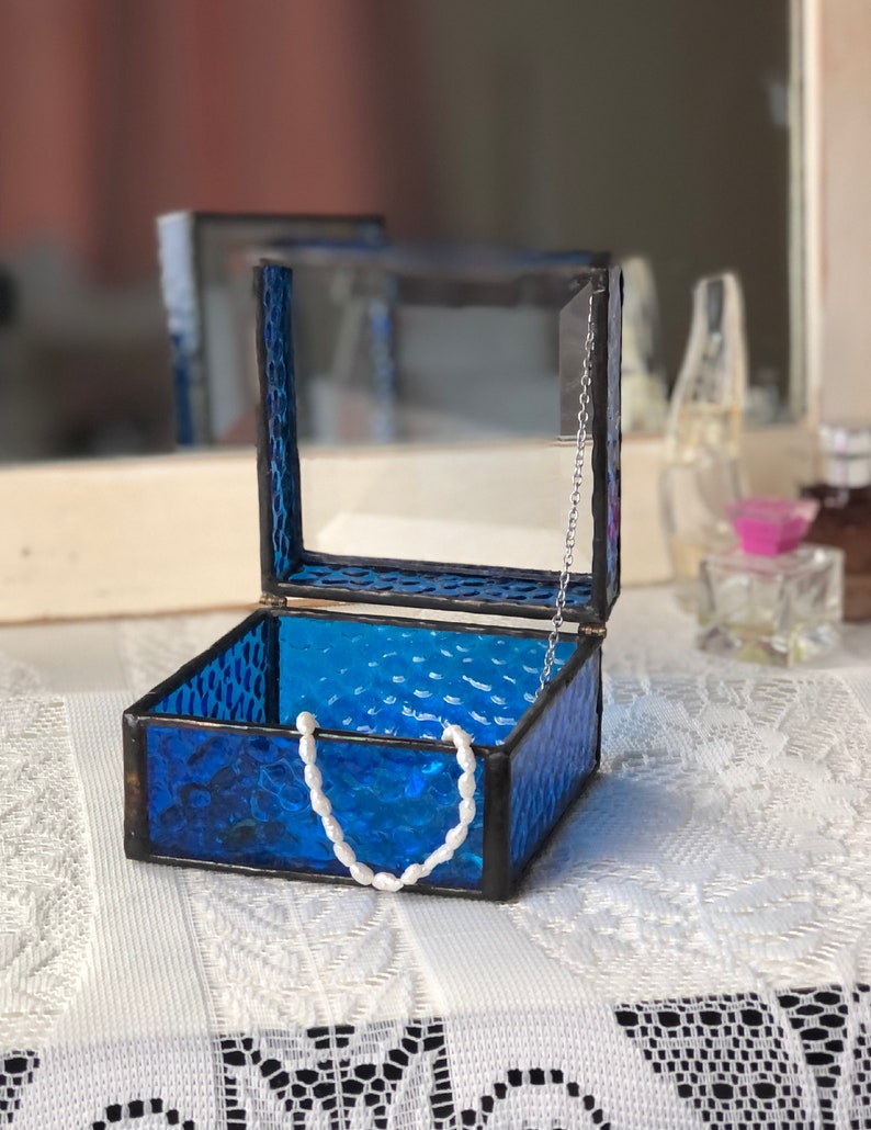 Cobalt Blue Stained Glass Jewelry Box Clear Beveled Top image 6