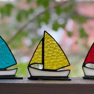 Set Of Three Small 3&quot; Stained Glass Sailboats Nautical Decor Home Accents Color Variations