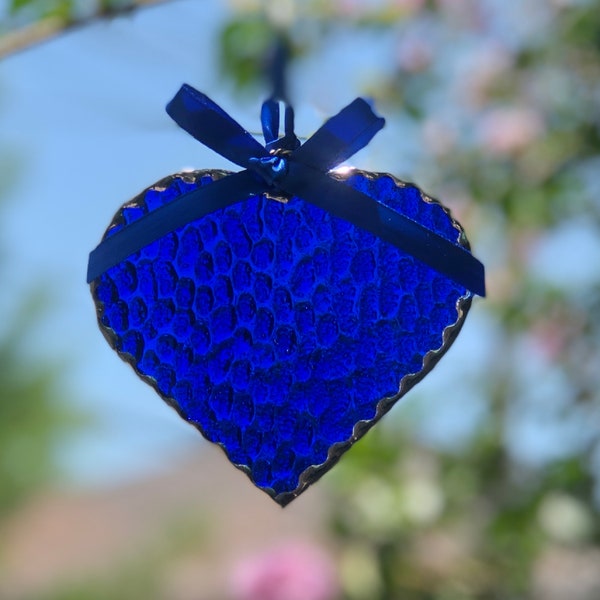 Cobalt Blue Stained Glass Heart Suncatcher