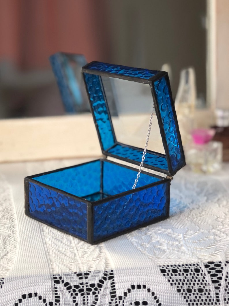 Cobalt Blue Stained Glass Jewelry Box Clear Beveled Top image 2