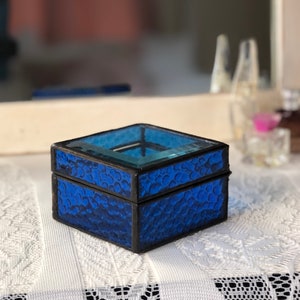 Cobalt Blue Stained Glass Jewelry Box Clear Beveled Top image 1