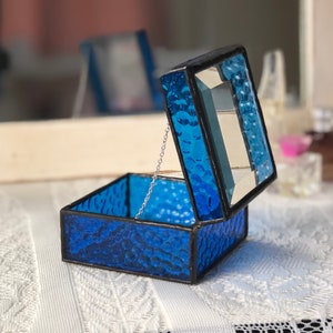 Cobalt Blue Stained Glass Jewelry Box Clear Beveled Top image 3