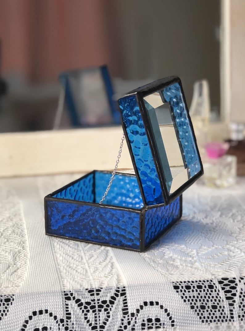 Cobalt Blue Stained Glass Jewelry Box Clear Beveled Top image 3