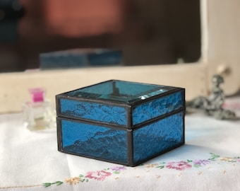 Aqua Blue Stained Glass Jewelry Box Clear Beveled Top