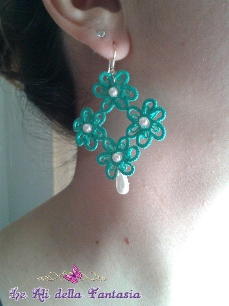 Tatting handmade earrings with white pearls. Etsy