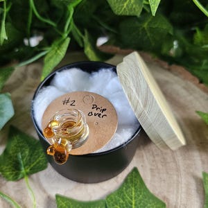 Pode incluir: Um pequeno recipiente de vidro transparente com um líquido castanho âmbar, rotulado como "#2 Drip over". O recipiente está numa lata preta com uma tampa de madeira. O fundo inclui folhas verdes.