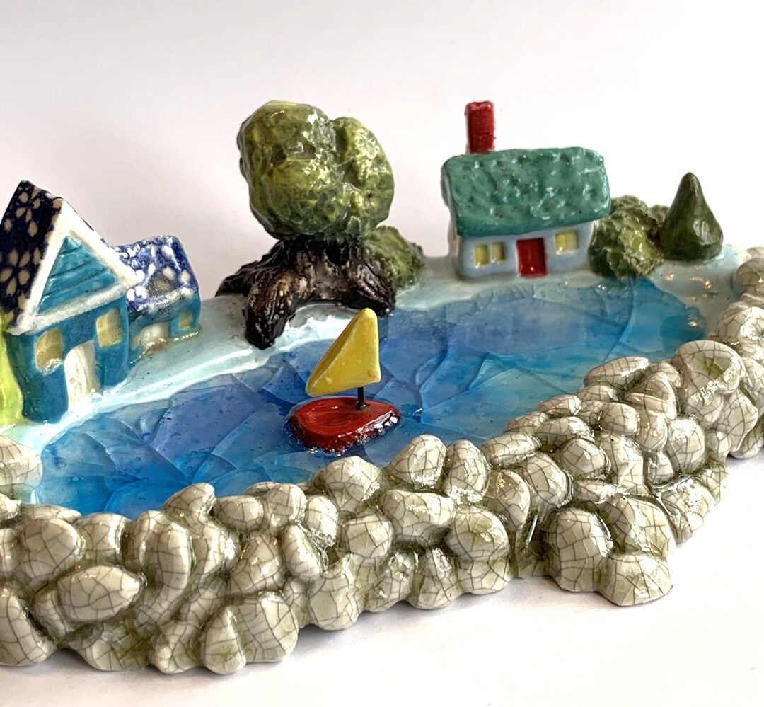 Ceramic House Sculpture, the Lakehouse... Highly Detailed Gnome Home Ring Dish Fairy Garden