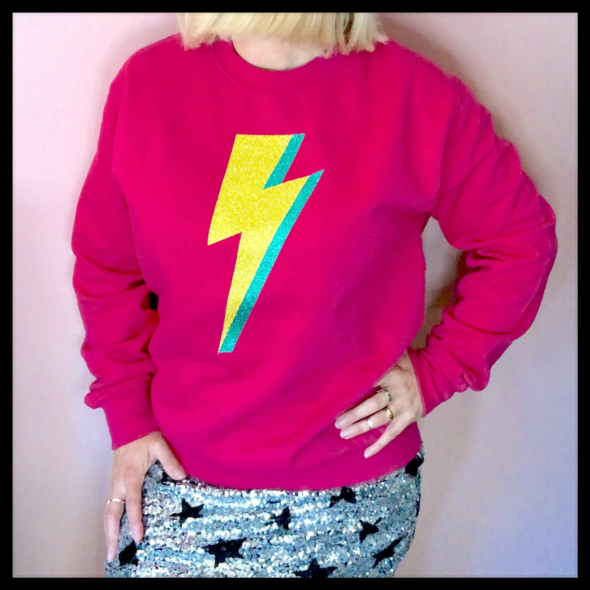 Womens Bright Pink Lightning Bolt Sweatshirt Jumper Yellow - Etsy