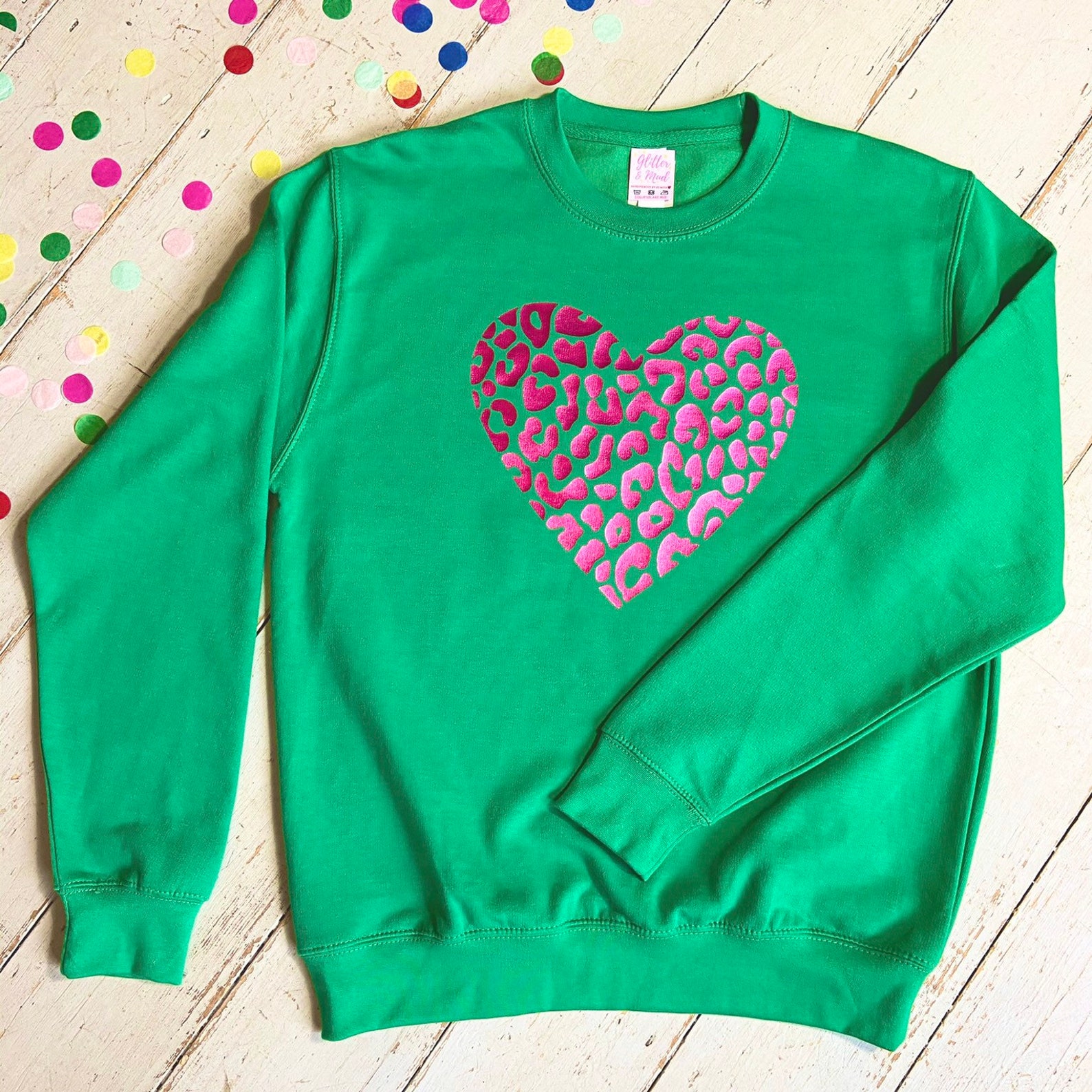 Green Sweatshirt Jumper metallic pink leopard print heart | Etsy