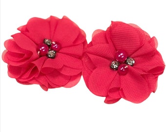 2pc Rhinestone Pearl Chiffon Flowers Hot Pink 2" Set of 2 Pink Chiffon Flowers - DIY Supplies Headbands Hair Clips Hair - Hot Pink Flower