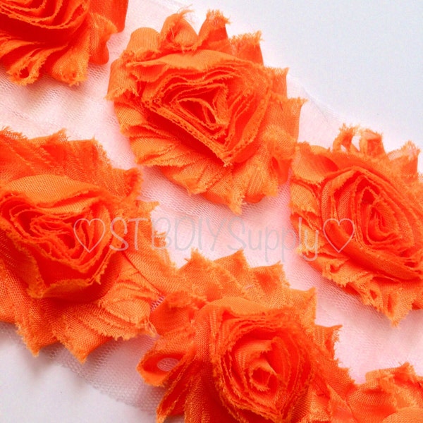 Bright Orange Shabby Chiffon Flowers - Regular 2.5" - Shabby Rose Trim - 1/2 yard 1 yard - Wholesale - Shabby Chic - Orange Flowers