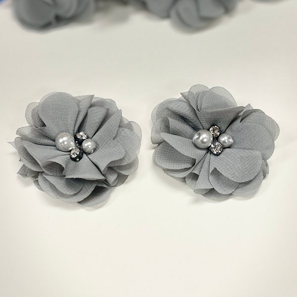 Rhinestone Pearl Chiffon Flowers Gray 2" Set of 2 Gray Chiffon Flowers - DIY Supplies Headbands Hair Clips Hair Accessories - Grey Flower