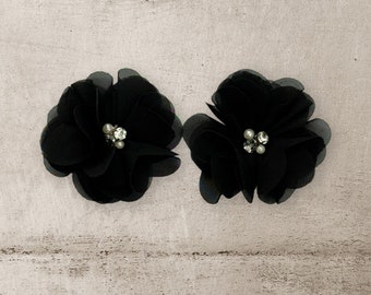 Black Rhinestone Pearl Chiffon Flowers 3" Set of 2 Black Chiffon Flowers - DIY Supplies Headbands Hair Clips Hair - Black Flower