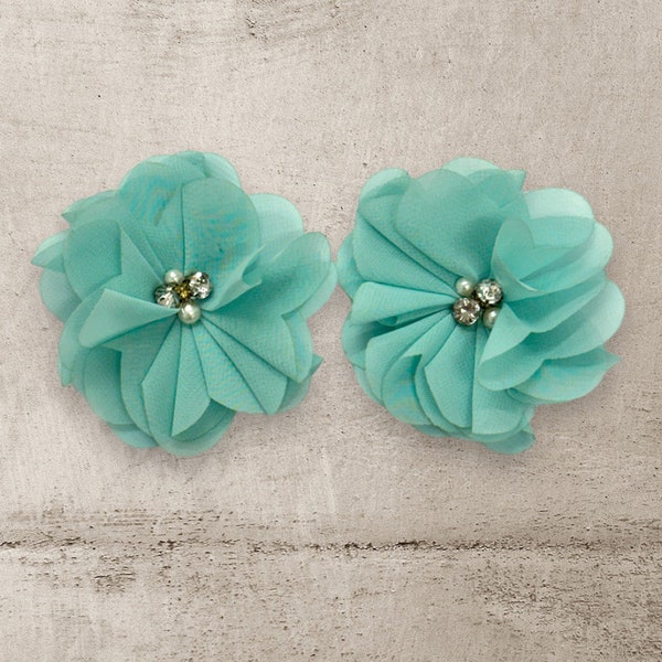 Mint Green Rhinestone Pearl Chiffon Flowers 3" Set of 2 Green Chiffon Flowers - DIY Supplies Headbands Hair Clips Hair - Mint Flower