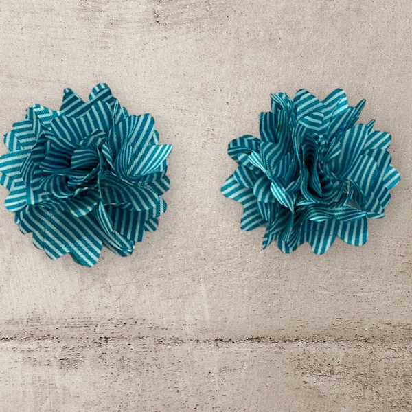 2 Teal Turquoise Stripe Satin Puff Flowers - 2" inch - Teal DIY Supplies Headbands Hair Accessories - Puff Flowers - Mini Flowers - Wedding