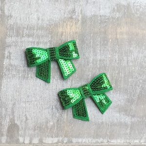 Set of 2 Green Sequin Bows - 2&quot; - DIY Supplies Headbands Hair Clips Hair Accessories - Green Bows - Sequins - Sparkle - Bows