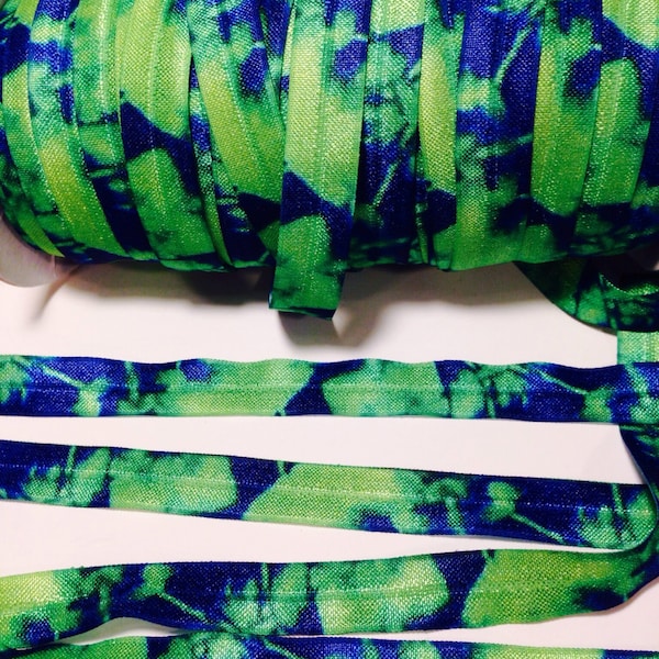 Blue Lime Green Tie Dye FOE - 5/8" Fold Over Elastic - 5 yards - Tie Dye Elastic - Tiedye