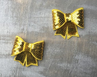 Large 3" Yellow Sequin Bows - Wholesale Set 3 inch - DIY Supplies Headbands Hair Accessories - Yellow Bow Applique - Sequins - Sparkle