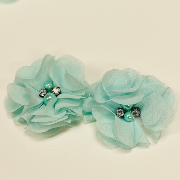 Rhinestone Pearl Chiffon Flowers Mint 2" Set of 2 Mint Chiffon Flowers - DIY Supplies Headbands Hair Clips Hair - Mint Green Flowers - Green