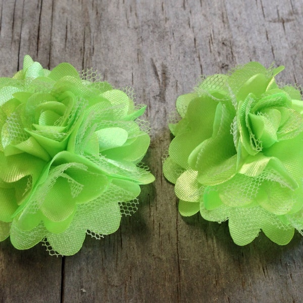 2 Lime Green Satin Mesh Flowers - 2" inch - DIY Supplies Headbands Hair Accessories - Puff Flowers - Silky - Mini Flowers - Wedding