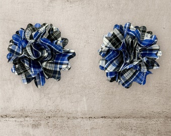 2 Blue Black Plaid Puff Flowers - 2" inch - Plaid DIY Supplies Headbands Hair Accessories - Puff Flowers - Mini Flowers - Wedding