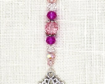 Lotus, Flower, Pink, Zipper Pull, Project Bag, Fob, Scissor Fob, Stitching, Embroidery, Sewing, Cross Stitch, Key Chain, Bling,