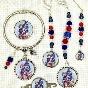 Girl Holding, Flags, Patriotic, America, Cross Stitch, Scissor Fob, Needle Minder, Floss Ring, Threader, Zipper Pull, Frogger, Stitch, Sew