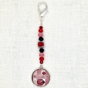 Ladybug, Wish, Gingham, Flowers, Cabochon, Mini Fob, Zipper Pull, Bag, Fob, Scissors, Lanyard, Cross Stitch, Stitching