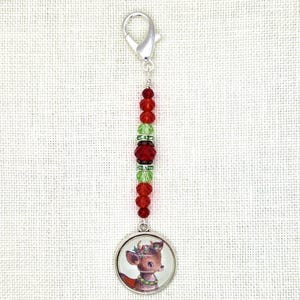 Vintage, Reindeer, Holly, Christmas, Cabochon, Mini Fob, Zipper Pull, Bag, Fob, Scissors, Lanyard, Cross Stitch, Stitching