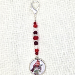 Cardinal, Bird, Red, Pinecone, Cabochon, Mini Fob, Zipper Pull, Bag, Fob, Scissors, Lanyard, Cross Stitch, Stitching